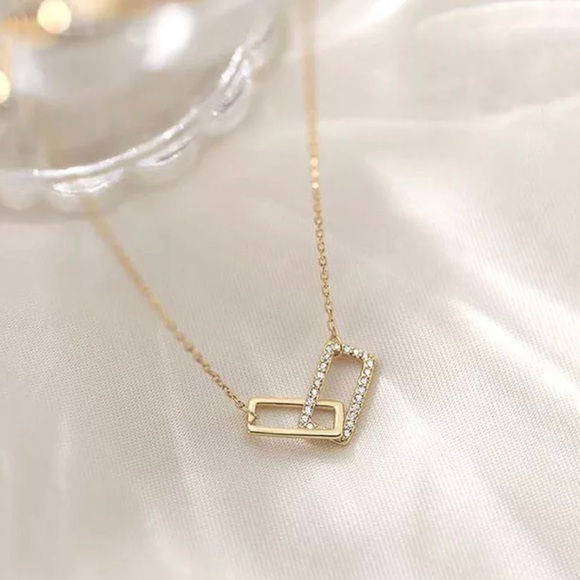 Gold Geometric Rhinestone Link Necklace - Picture 2 of 6